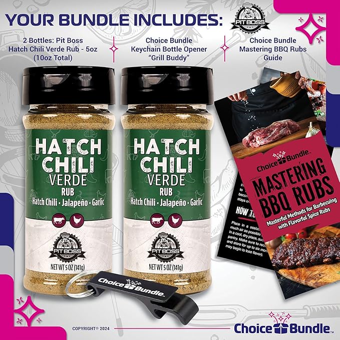 Pit Boss Hatch Chili Verde Premium Barbecue Mixed Seasoning Spice &amp Rub 2 pk Choice Bundle (10 oz) + Guide &amp Keychain Bottle Opener (4 Items)!