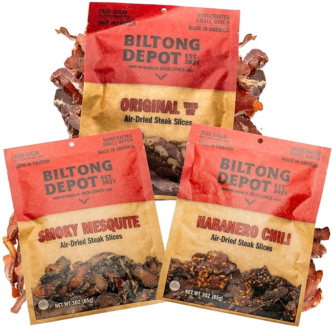 Biltong Depot Variety Pack – Smoky Mesquite Habanero Chili &amp Original with Fat | Biltong Slices | 3oz Bags (3 Pack) | Air-Dried Beef Jerky Snack | High Protein | Keto &amp Paleo Friendly | Zero