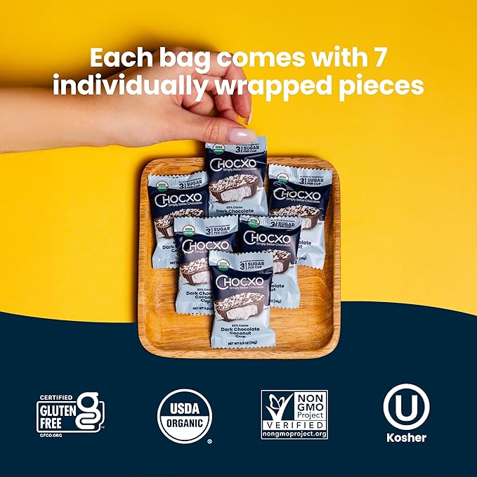 Chocxo Dark Chocolate Coconut Cups - Low in Sugar Organic 85% Cacao Non-GMO Keto Certified Gluten Free &amp Kosher. No Artificial Sweeteners or Sugar Alcohols 3.45 oz (Pack of 6)