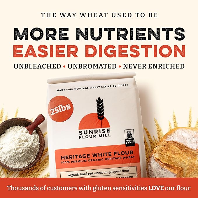 Sunrise Flour Mill Heritage Organic White Flour | USDA Organic All Purpose Flour Unbleached - Non-GMO Kosher Grown Without Glyphosate High Protein for Baking Unbromated White Wheat (400 Ounce (Pac