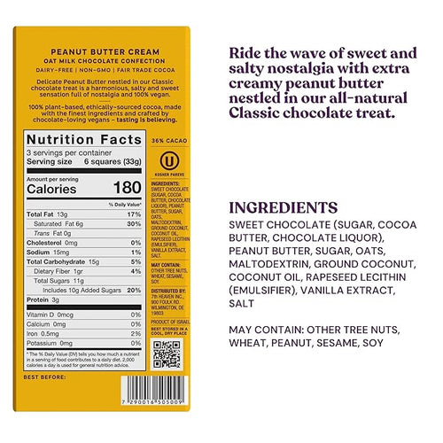 7th Heaven Vegan Oat Milk Chocolate Bars: Peanut Butter Cream - (3.5 oz - 4 Pack) Healthy Chocolate Perfect Valentines Gift For Your Loved Ones 100% Dairy Free Non GMO Kosher Parve Cruelty Free