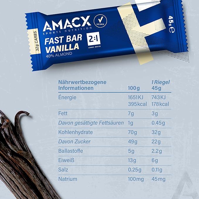 AMACX Fast Bar Energy Bar for Endurance Athletes – 12 x 45g – Vegan Protein Bars 40% Almond content – Healthy Sports Snack Bars – 2:1 Carbohydrates (31g) ratio &amp Natural Electrolytes – Vanilla
