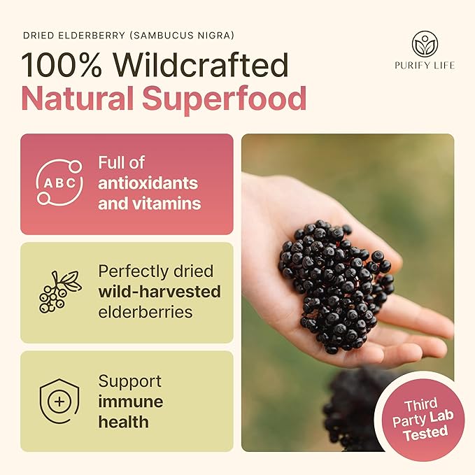 Dried Elderberries - 1lb Bulk - Hand-Sorted Wildcrafted Natural Non-GMO Whole European Immune System Support for Black Elderberry Syrup Gummies Jelly Tea Wine Raw Sambucus One Pound