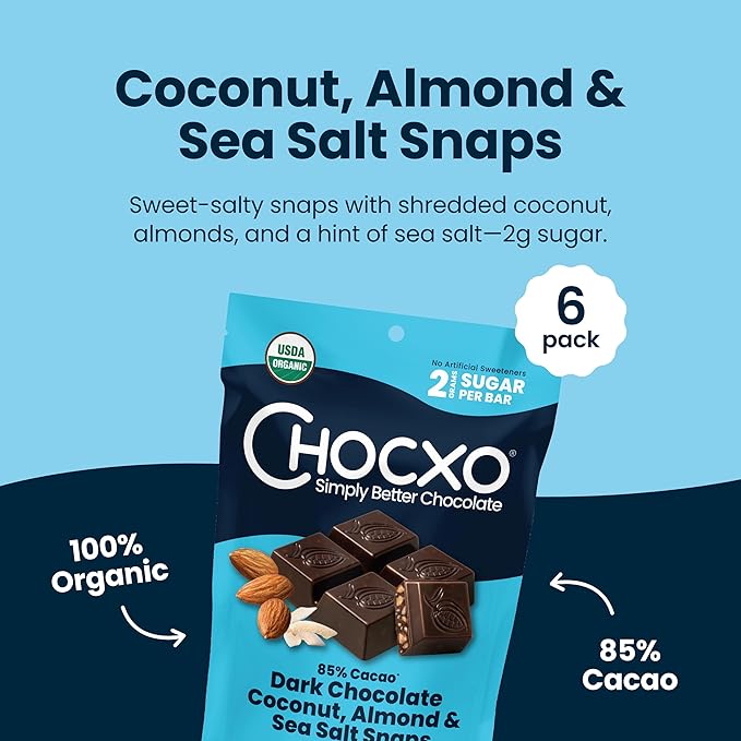 Chocxo Dark Chocolate Coconut Almond &amp Sea Salt Snaps - Low in Sugar Organic 85% Cacao Non-GMO Keto Certified Gluten Free &amp Kosher. No Artificial Sweeteners or Sugar Alcohols 3.45 oz (Pac
