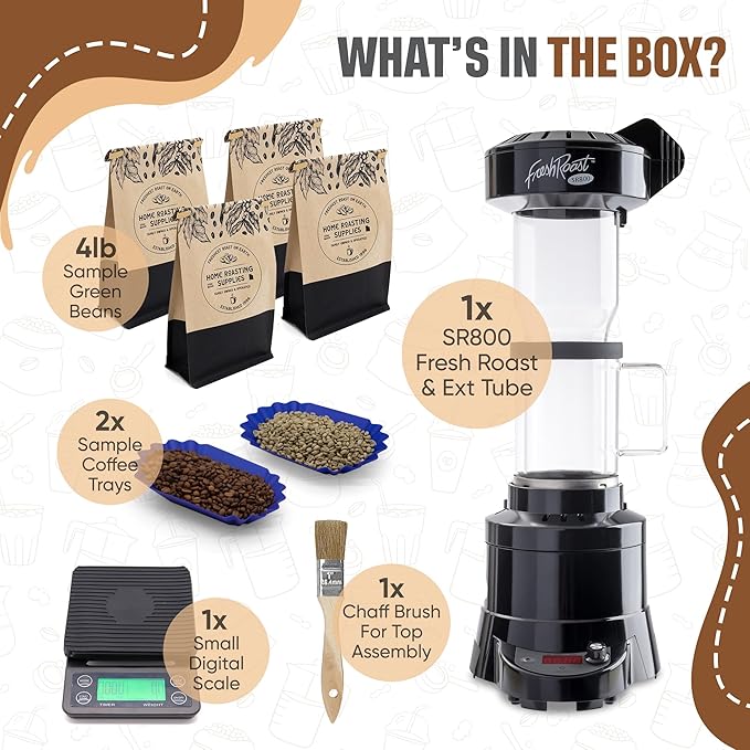 Coffee Roaster Bundle SR800 Glass Extension Tube Pour Over Digital Scale (4lbs) Sample Pack of Green Beans (2-Pack) Sample Trays Chaff Brush