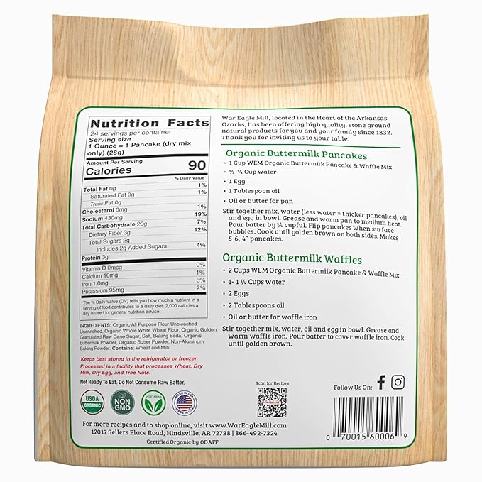War Eagle Mill Organic Buttermilk Pancake &amp Waffle Mix 24 oz Bag (2 Pack)