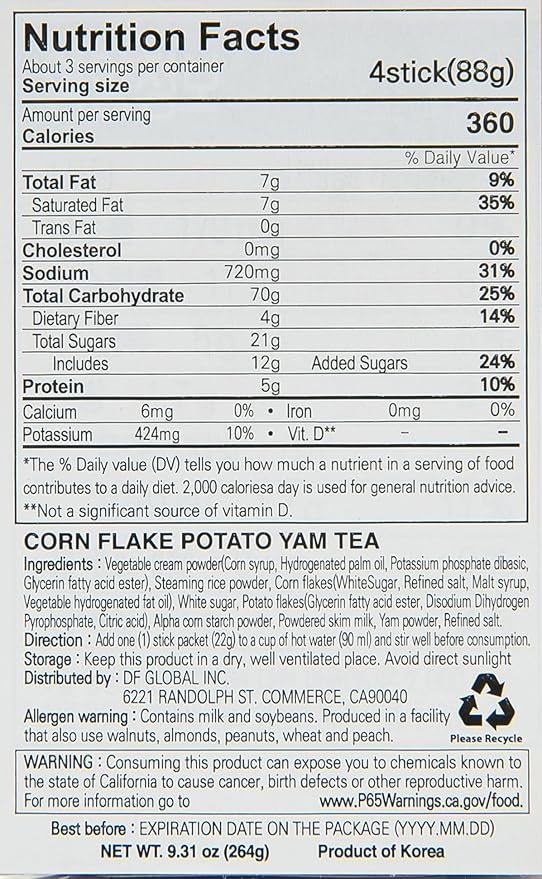 Damtuh Yam (Ma) Tea Powder Drink Mix with Corn Flakes &amp Potato Flakes – Korean Cereal-Style Instant Hot Drink Creamy &amp Smooth 22g x 40 Stick Packs