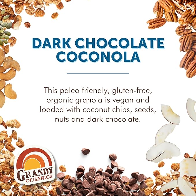Grandy Organics Dark Chocolate Coconola Granola Certified Organic Gluten Free Granola Grain Free Chocolate Flavored Coconola Kosher Certified Paleo Friendly 9oz Each Pack of 6