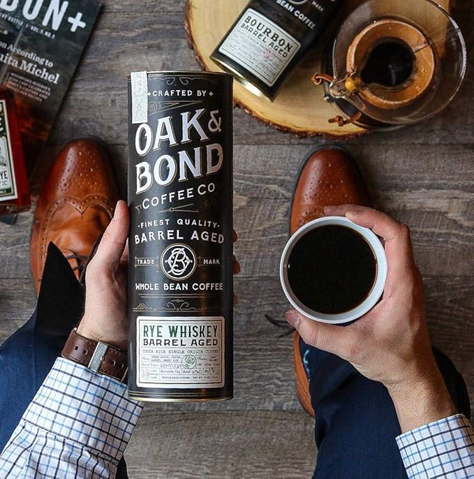 Rye Whiskey Barrel Aged Coffee Costa Rica Single Origin Small Family Farm Whole Coffee Bean Medium Roast w/Flavor Notes of Cocoa Almond Sweet Rye Green Apple by Oak &amp Bond Coffee Co. – 10oz.