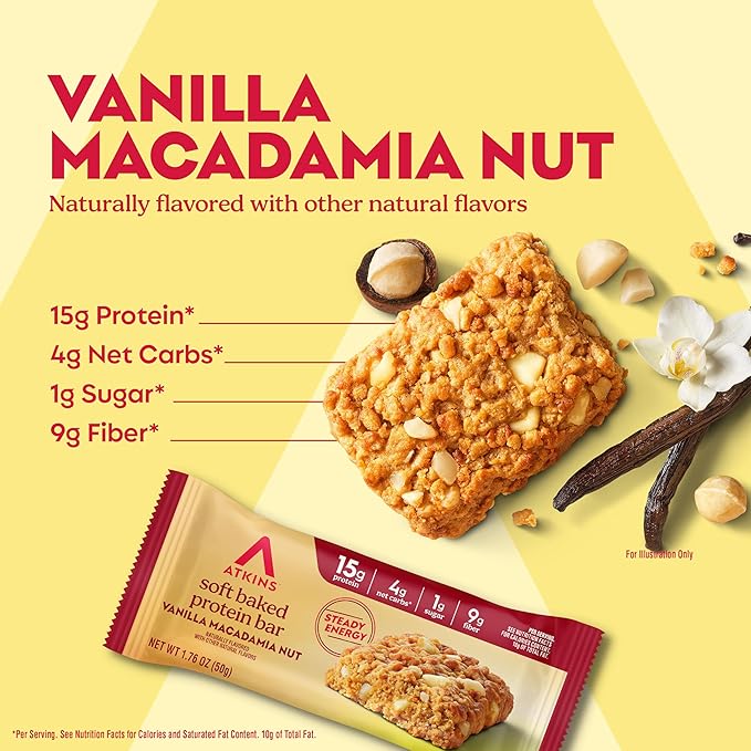 Atkins Soft Baked High Protein Bars Vanilla Macadamia Nut Flavor 15g Protein 4g Net Carbs 2g Sugar Excellent Source of Fiber High Protein 6 pack (4 bars each)