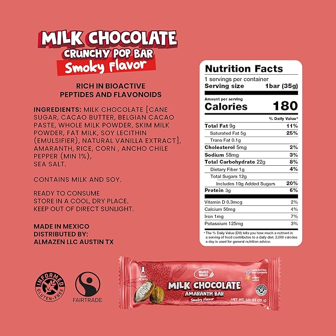 Nutriwell Belgian Milk Chocolate Bar with Amaranth &amp Ancho Chile Pepper – Smoky Taste Mexican Chocolate Ancient Superfood Grain Crunchy Texture (12 Count)
