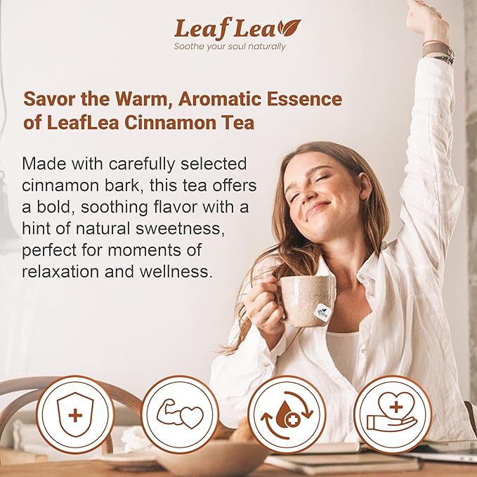 LeafLea Cinnamon Tea Bags 80 Count (2-Pack) 100% Natural Ground Cinnamon Stick Herbal Tea Spiced and Warming Flavor for Relaxation Caffeine-Free Sugar-Free Vegan