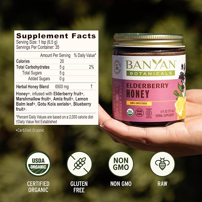Banyan Botanicals Organic Elderberry Honey – With Sambucus Amla &amp Marshmallow ­­– Elderberry Immune Support for Kids &amp Adults* – 8.25 Oz – Raw Unfiltered Pollinator-Friendly Sustainably So