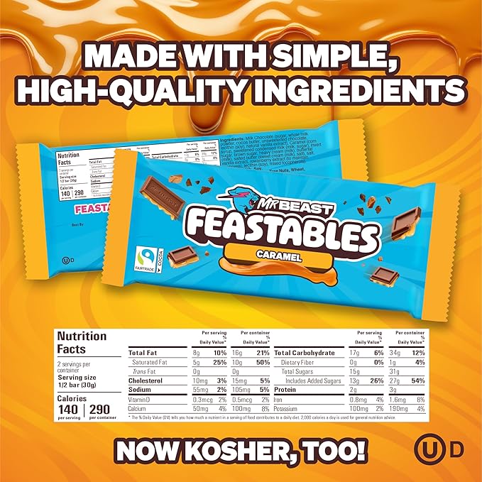MrBeast Feastables Caramel Chocolate Bar King Size 10 Count Smooth Caramel Filled Chocolate Candy Fairtrade Cocoa 2.1oz Each