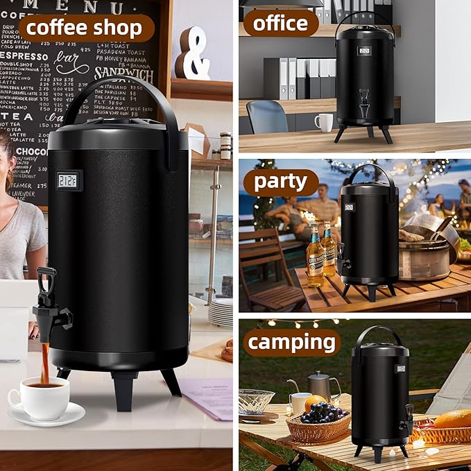Insulated Beverage Dispenser - Thermal Hot and Cold Tea Dispenser - Stainless Steel 12L/3.2Gal with Spigot for Hot Coffee &amp Tea Cold Milk &amp Juice - Black