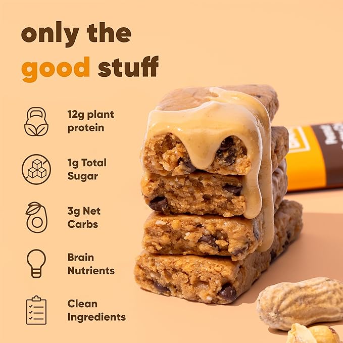 IQBAR Clean Plant Protein Bars - Peanut Butter Chip - 12 Count - Keto Vegan High Fiber Gluten and Dairy Free Low Sugar Snack - Brain and Body Nutrients for Focus Energy Meal Replacement