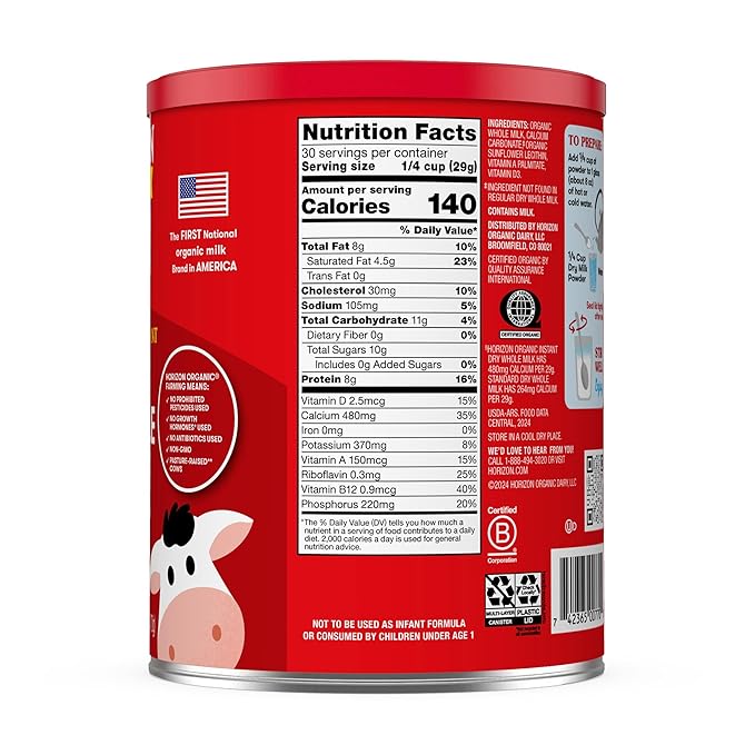 Horizon Organic Instant Dry Whole Milk Powder30.6 ozUSDA OrganicNon-GMOShelf StableGreat for BakingCookingBeveragesEmergency StoragePantry Essential(Pack of 2)