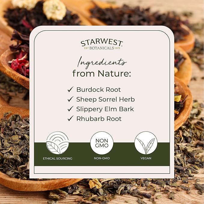 Starwest Botanicals Essiac Tea Organic - Caffeine Free Herbal Blend Loose Leaf Burdock Root Slippery Elm Bark Sheep Sorrel &amp Rhubarb Certified Kosher Non-GMO - Bulk 1 lb Bag