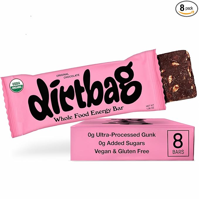 Dirtbag Bar Organic Whole Food Energy Bar with Clean Plant Protein Original Chocolate 8 Pack Dates Oats Nuts 100% Dark Chocolate NO Ultra-Processed Gunk Vegan &amp Gluten Free.