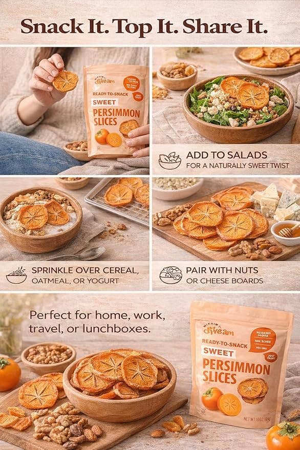 Whitney Jordan Naturals Sweet Air-Dried Persimmon Slices - Ready to Snack No Added Sugar Non-GMO Vitamin-Packed Fruit Healthy On-the-Go Snack 16 Ounce Bag