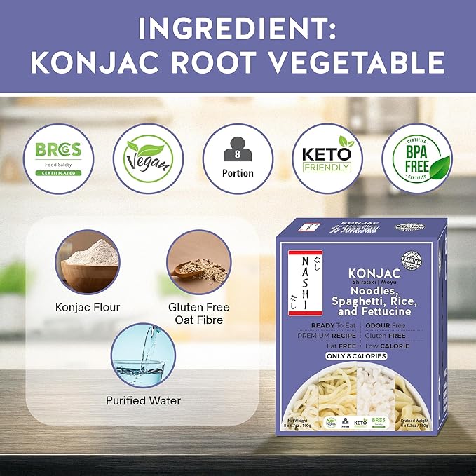 Nashi Konjac Shirataki Premium Mix Pack (8×190g) – Odour-Free Vegan Low-Calorie Fat-Free Keto-Friendly &amp Low-Carb Diet | Noodles Rice Spaghetti &amp Fettuccine | Healthy Ready-to-Eat