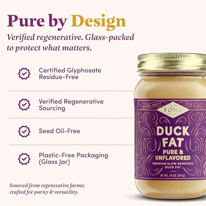 FOND Regenerative Pure Duck Fat for Cooking - 14oz Pure &amp Unflavored Rendered Duck Fat High Smoke Point Oil for Searing Roasting Sautéing - Keto &amp Paleo Friendly Neutral Buttery Flavor &am