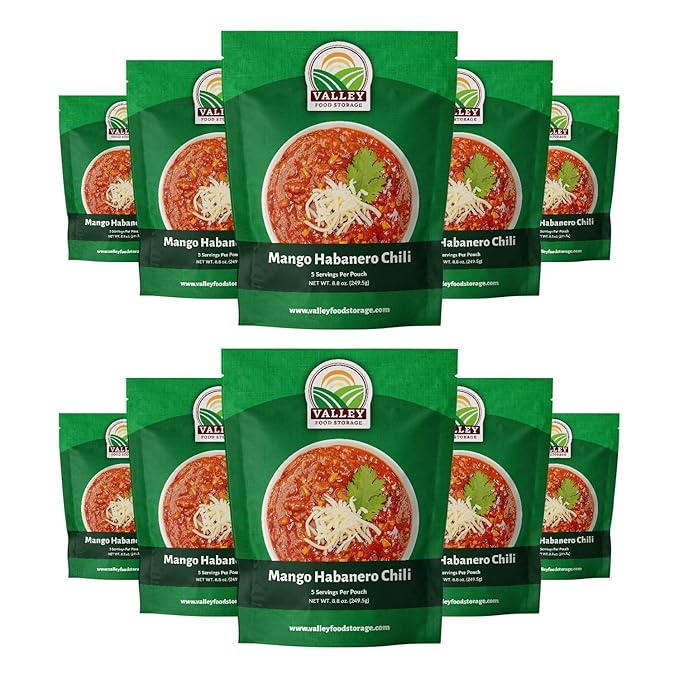Valley Food Storage Mango Habanero Chili | 10-Bag Bucket 50 Servings | Premium Emergency Food Supply 25 Year Shelf Life | Survival Meal Kits Prepper Food &amp Off-Grid Living Supplies Packaged in