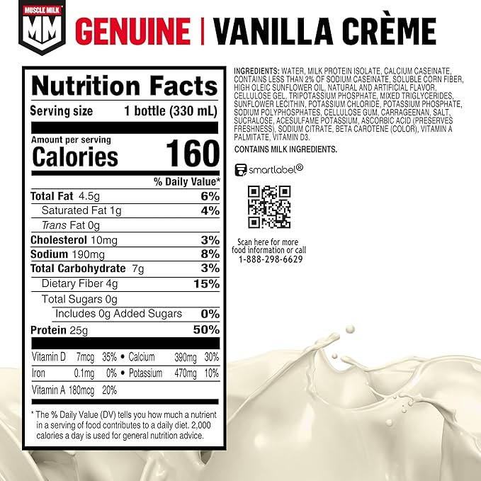 Muscle Milk Genuine Protein Shake Vanilla Creme 11.16 Fl Oz Bottle 12 Pack 25g Protein Zero Sugar Calcium Vitamins A C &amp D 5g Fiber Energizing Snack Workout Recovery Packaging May Vary