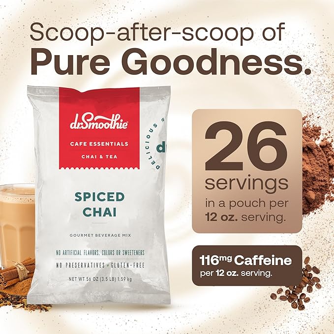 Dr. Smoothie Café Essentials Spiced Chai – No Artificial Colors Flavors or Sweeteners – Shelf Stable – 116mg of Caffeine per Serving – Great for Hot Iced &amp Frozen Frappes (3.5 lb Bag 26 Servi