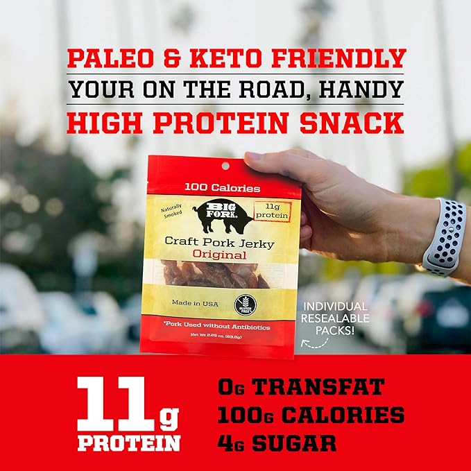 Craft Pork Jerky Original Flavor 8 x 2.25 oz Bags – Tender Hickory-Smoked Heritage Pork Jerky | Keto Paleo Gluten-Free | High-Protein Snack – Big Fork Brands