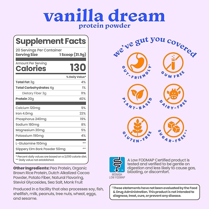 Gut-Friendly Protein Powder for Sensitive Stomachs Low FODMAP 20g Vegan Pea &amp Rice Protein with Prebiotic Fiber Dairy-Free Gluten-Free No Gums or Added Sugar - Vanilla Dream