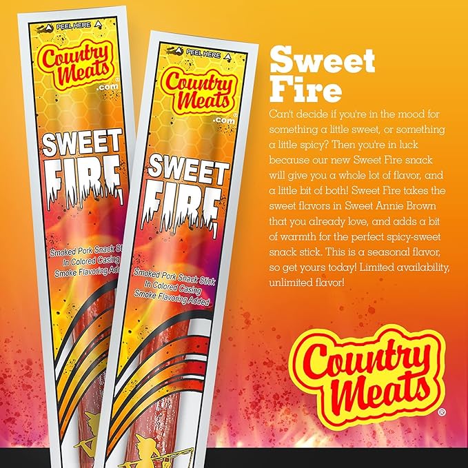 Country Meats Meat Sticks 0 Trans Fat USDA Certified Good Source of Protein Carb Conscious Snack (24 Meat Sticks Sweet Fire)