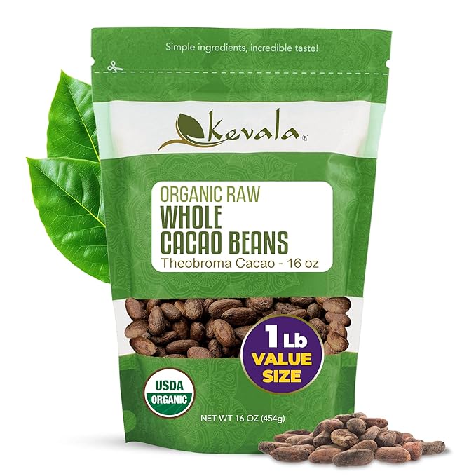 Kevala Organic Cacao Beans - Sun Dried Natural Beans for Brewing Sugar Free Base for Homemade Chocolate Nutritious Addition to Breakfasts and Drinks Vegan Option with No Additives 1 lb 16 oz