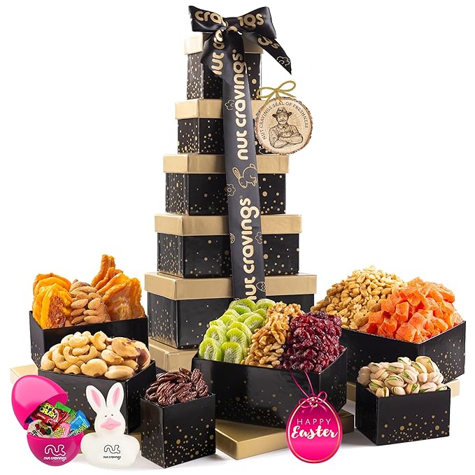 NUT CRAVINGS Gourmet Collection - Easter Treats Candies &amp Dried Fruit Nuts Tower Gift Basket with Happy Easter Ribbon Candy Filled Egg + Bunny (12 Piece Assortment)