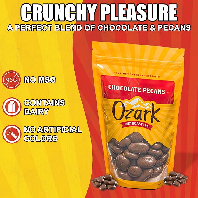 OZARK NUT ROASTERS Chocolate-Covered Pecans Chocolate Flavored Savory Snacks World-Class Gourmet Candied Nuts Resealable Pack of 2 (14 oz)