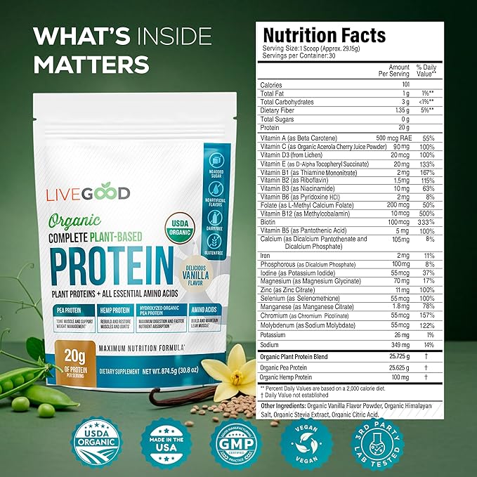 LIVEGOOD Complete Plant Based Protein Powder with Organic Pea Protein and Essential Amino Acids for Muscle Support Recovery Energy and Daily Nutrition Vanilla Protein Supplement (30 Servings)