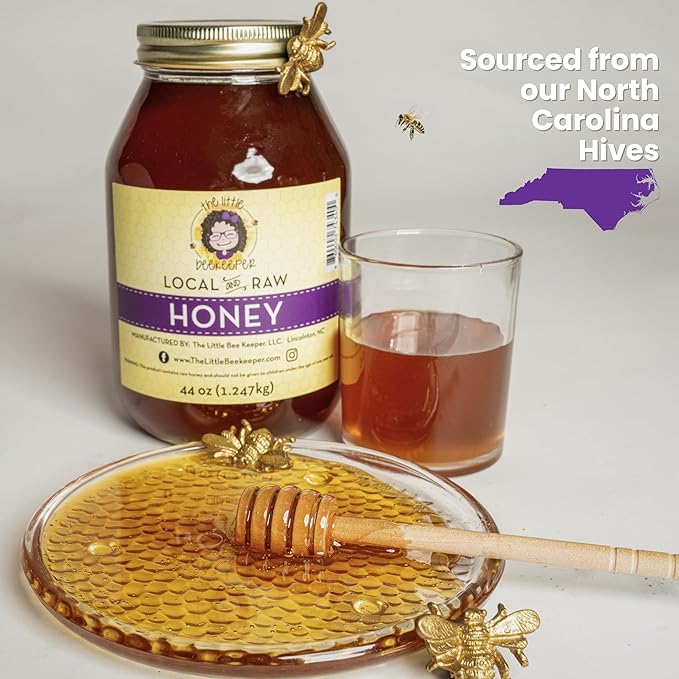 The Little Beekeeper Wildflower Honey | 100% Raw &amp Unfiltered | Local North Carolina Honey | Natural Sweetener | 44oz Glass Jar