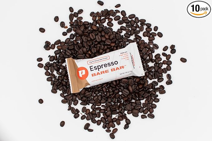 PowerFit Foods Bare Bar 10-Pack 20g Grass-Fed Beef Protein Bar Grass-Fed Tallow Honey Clean Ingredients Seed Oil Free (10-Pack Espresso)