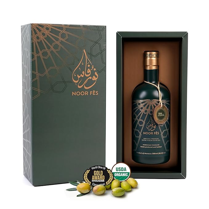 NOOR FÈS EVOO Gift Set | 20+ Awards | USDA Organic | 584mg/kg High in Polyphenols | Extra Virgin | Single Origin Estate | Cold Extracted Olive Oil | Low Acidity | Great Gift for Chefs | 17 Fl Oz