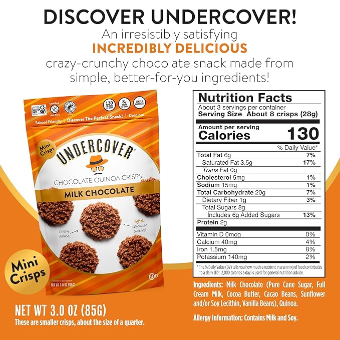 Undercover Snacks Chocolate Quinoa Crisps - Milk Chocolate | 7-Pack 3oz Bags of Mini Crisps | Gluten Free Nut-Free Allergen Friendly Kosher