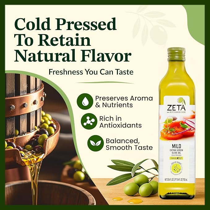 Zeta Extra Virgin Olive Oil 25.3 fl oz | Premium Glass Bottle with Pop-Up Spout | Cold-Pressed | Product of Spain | Ideal for Baking Cooking Grilling Roasting Pasta &amp Salads