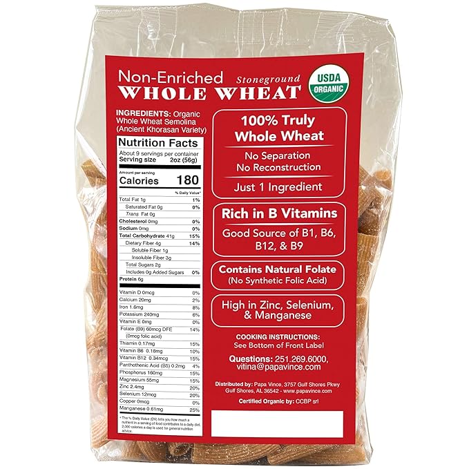 Papa Vince Organic Whole Wheat Non Enriched Rigatoni: Low Gluten Italian Pasta made in Italy from Organic Non GMO Khorasan Ancient Grain grown in Sicily. Slow Dried Bronze Die Cut. High in Selenium &a