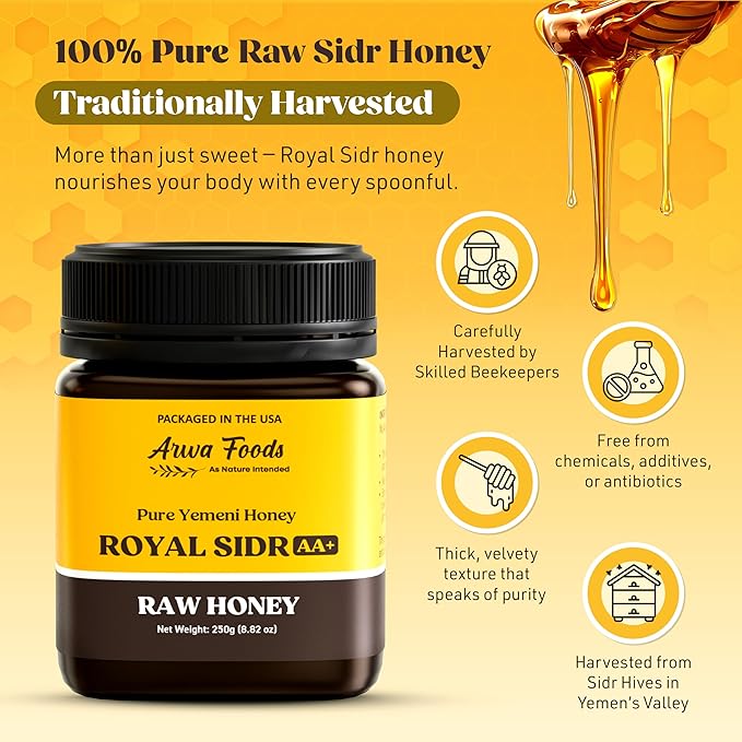 Arwa Foods Royal Sidr AA+ Raw Honey - Royal Yemeni Raw honey from Wadi of Douan - 100% Unfiltered Raw &amp Pure Honey - Sealed &amp Packaged in USA (8.82 oz)