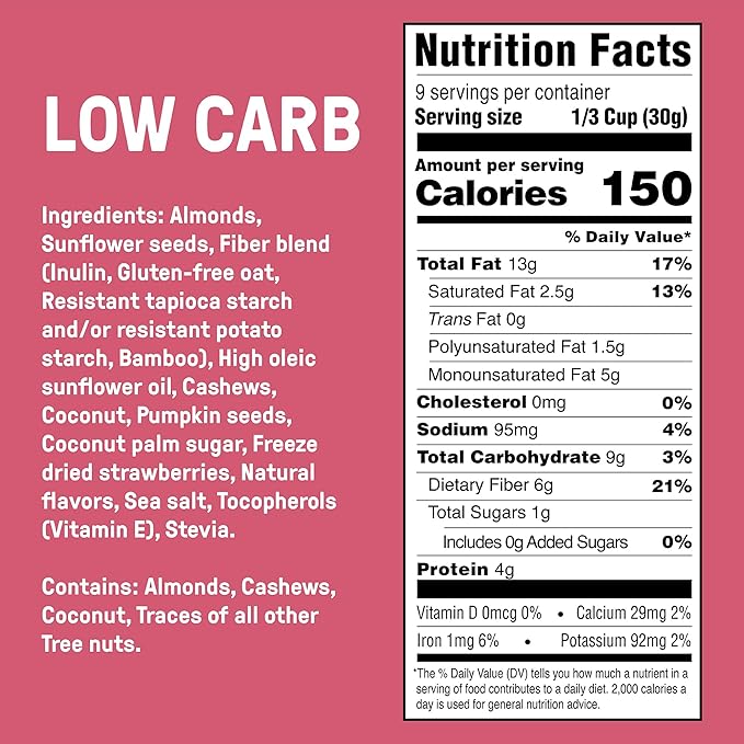 Carbonaut Gluten Free Granola Strawberry Vanilla Crisp | Keto-Certified &amp Non-GMO | Perfect Keto Granola For Cereal Yogurt or Snacking | Only 3g of Carbs Per Serving 10 oz (Pack of 6)