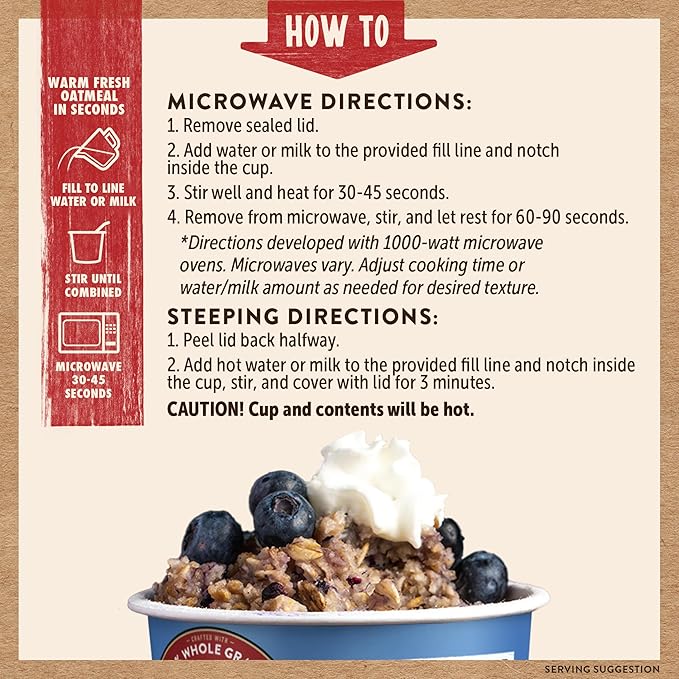 Kodiak Instant Oatmeal Cups Blueberries &amp Cream High Protein 100% Whole Grains (12 cups)