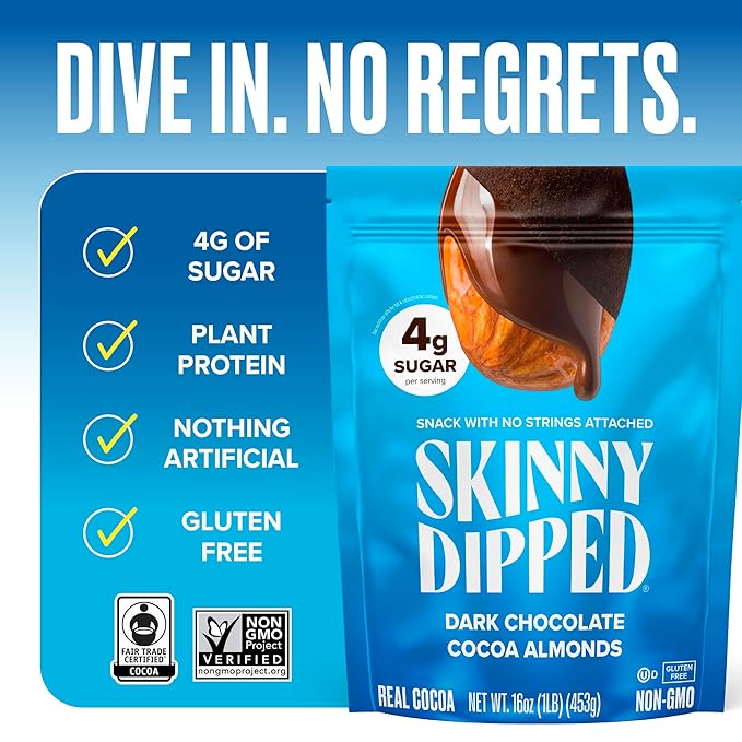 SkinnyDipped Dark Chocolate Cocoa Almonds 1lb Bag Healthy Snack Plant Protein Gluten Free Pack of 1