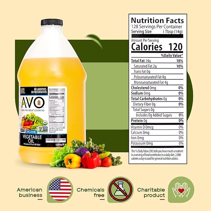 AVO ORGANIC VEGETABLE Oil 64 Fl-oz (Half a Gallon) NO preservatives added