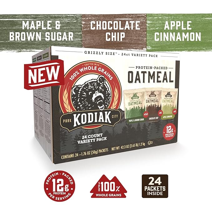 Kodiak Cakes Instant Oatmeal Variety Pack - High Protein - 100% Whole Grains Breakfast Food - Maple &amp Brown Sugar Apple Cinnamon &amp Chocolate Chip (24 Packets)