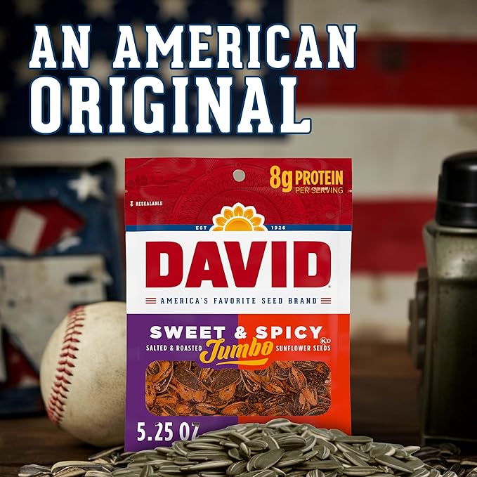 DAVID Roasted and Salted Sweet and Spicy Jumbo Sunflower Seeds Keto Friendly 5.25 oz 12 Pack