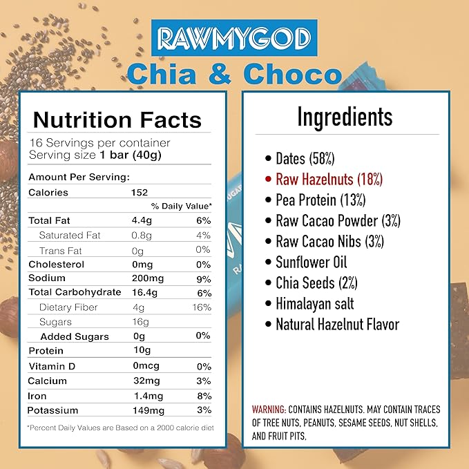 RAWMYGOD Fruit and Nut Bars Good Source of Protein (10g 25% protein content) Gluten Free Vegan No Added Sugar (16 bars Chia &amp Choco)